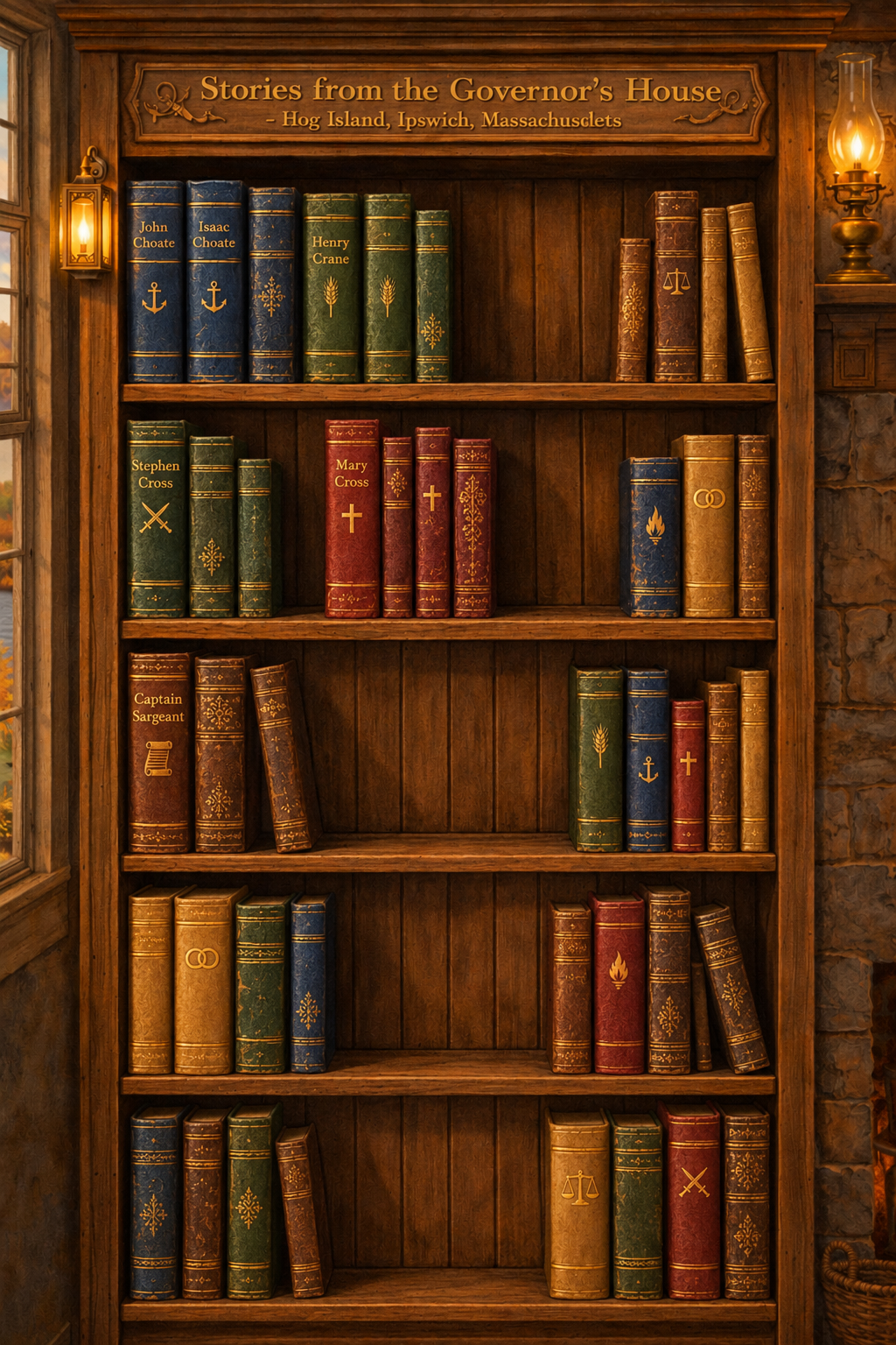 The Governor’s House bookshelf, filled with books in family-line colors