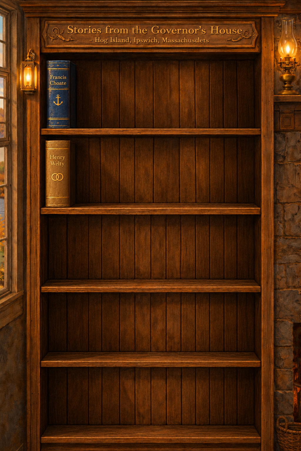 A dark wooden bookshelf with only two books: Francis Choate on the upper shelf and Henry Welty below.
