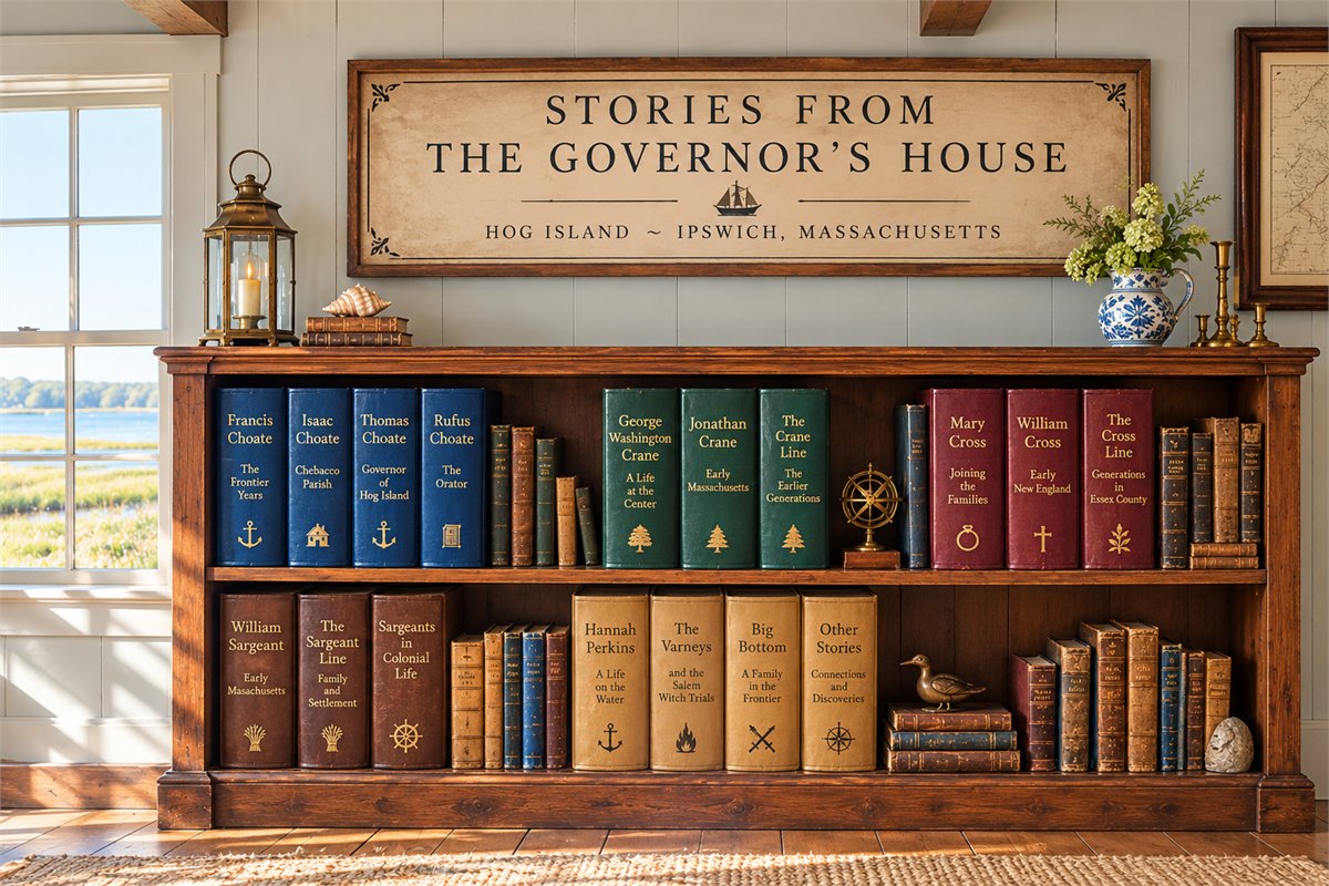 The Governor’s House bookshelf, filled with books in family-line colors