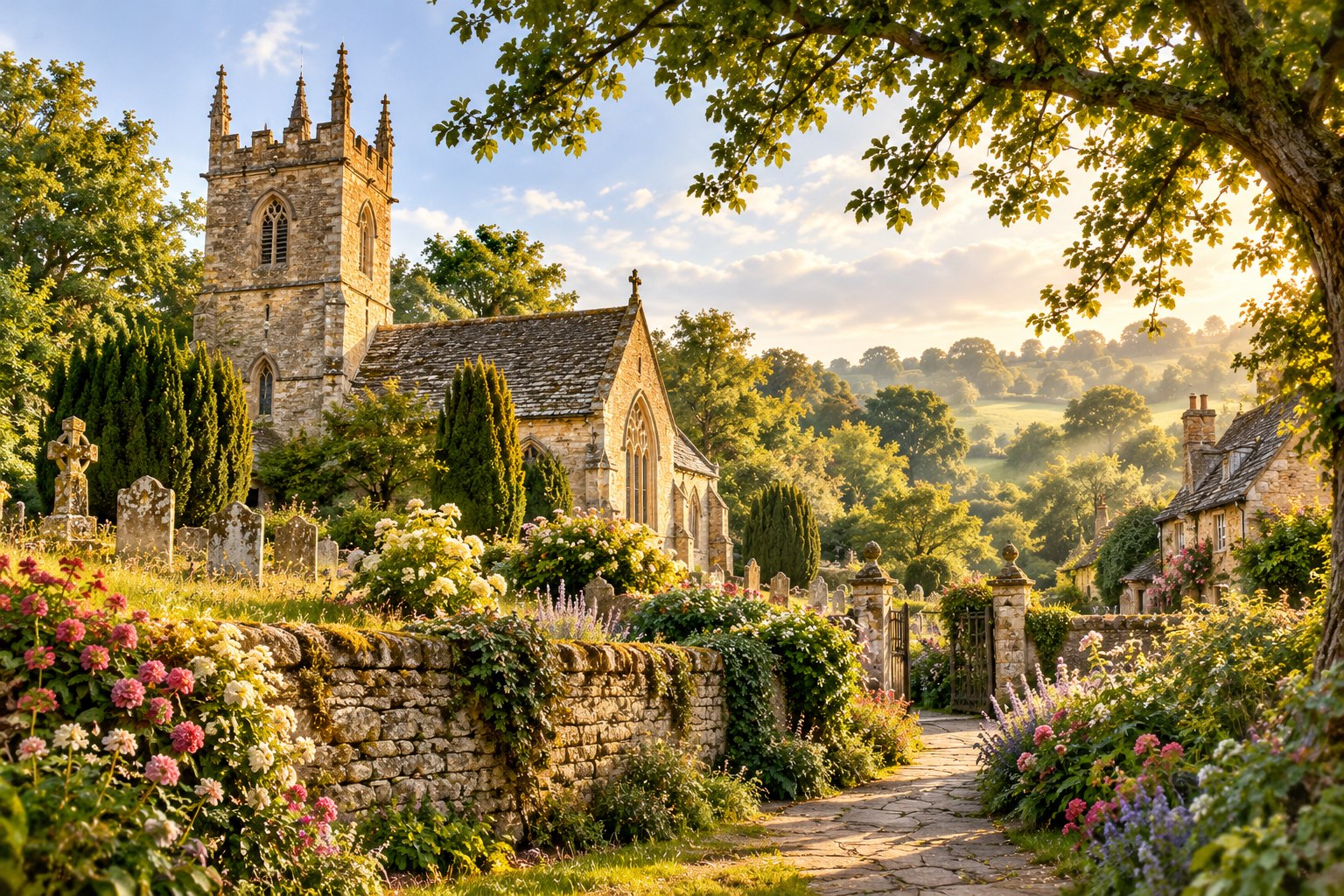 Illustrated English village and church in the countryside