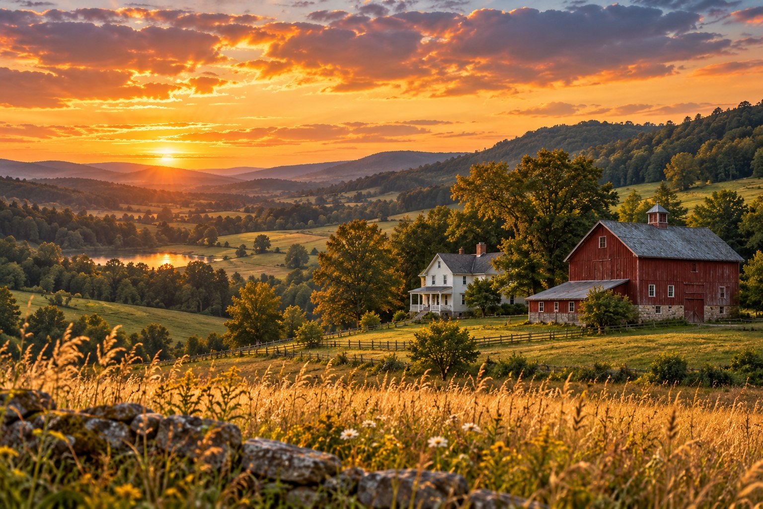 Illustrated American farm in a warm evening landscape
